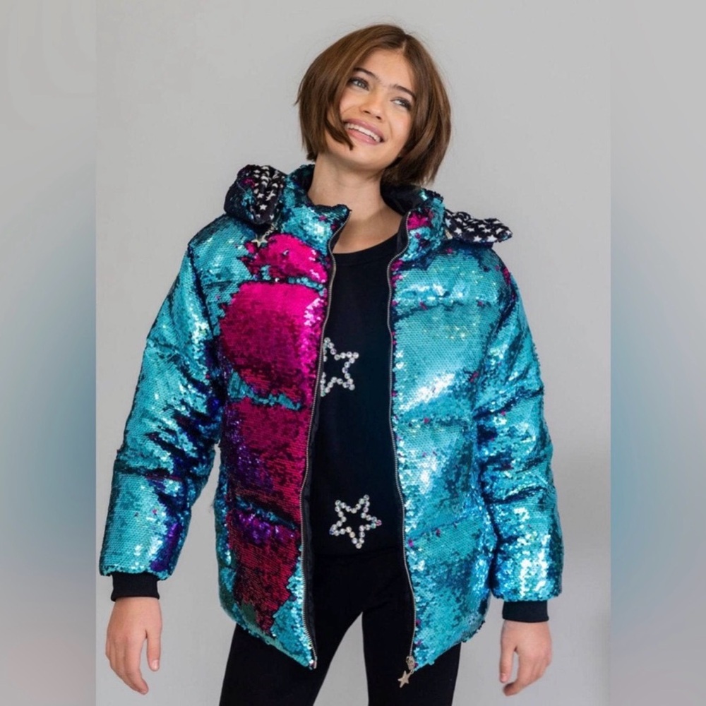 Lola + The Boys WOMENS Blue and Pink Sequin Puffer Jacket
